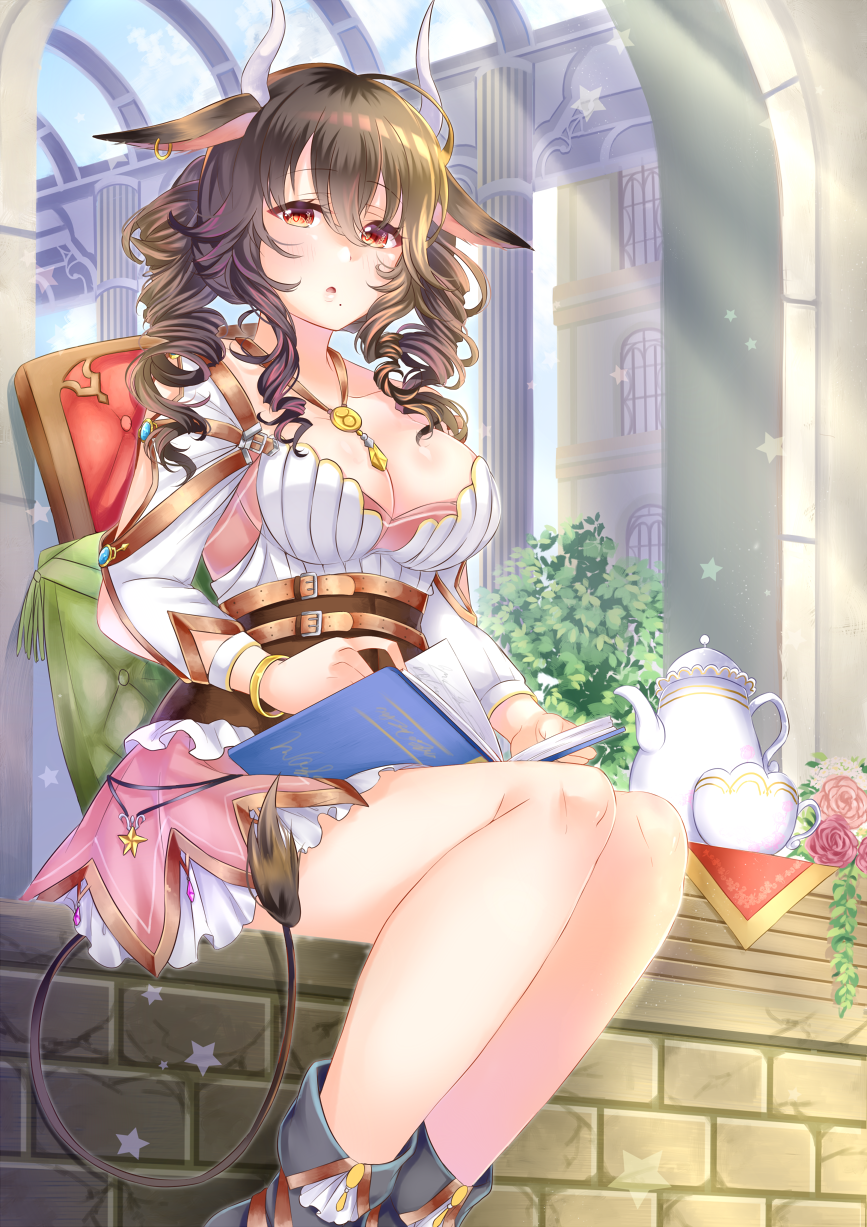1girl, animal_ears, blush, book, book_on_lap, bracelet, breasts, brown_hair