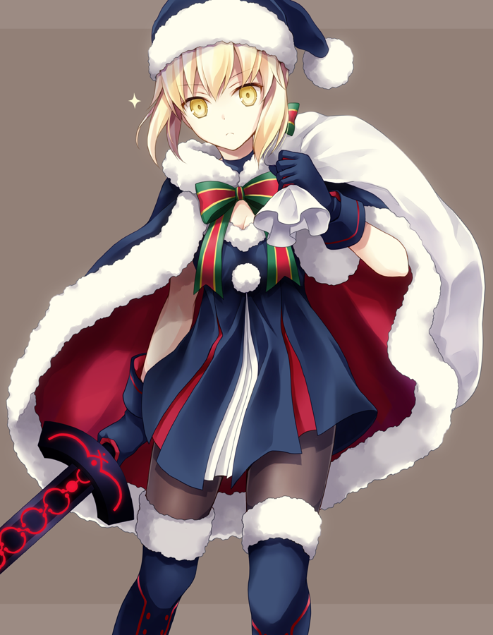 1girl, black_legwear, blonde_hair, blue_boots, blue_dress, blue_gloves, blue_hat, blue_santa_costume