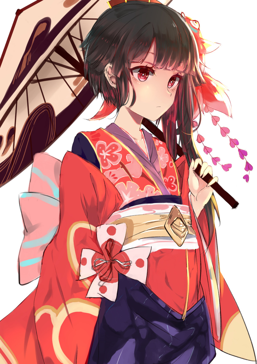 1girl, absurdres, asymmetrical_hair, black_hair, collarbone, highres, holding, holding_umbrella