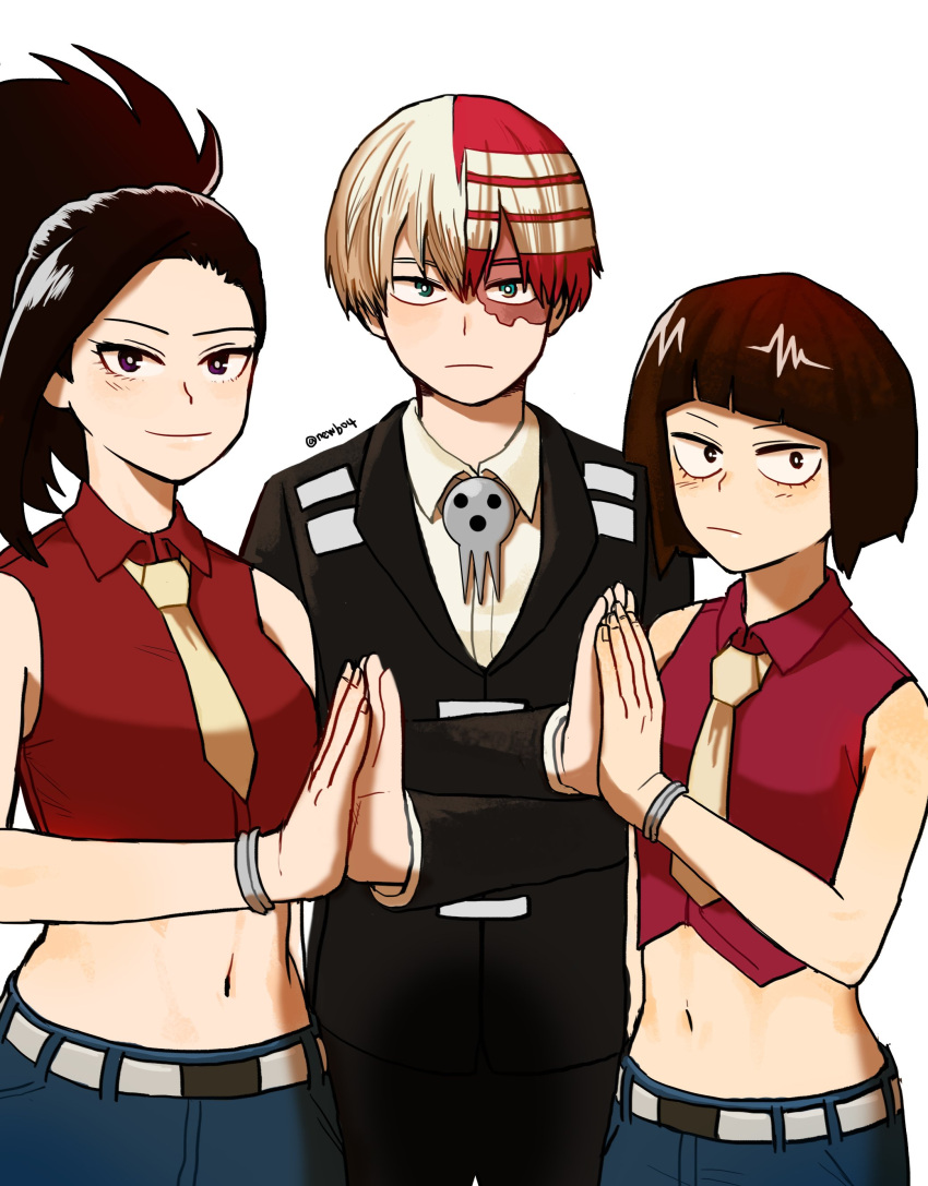 1boy, 2girls, absurdres, bare_shoulders, black_hair, blush, boku_no_hero_academia, closed_mouth, collared_shirt, cosplay, death_the_kid, death_the_kid_(cosplay), elizabeth_thompson, elizabeth_thompson_(cosplay), formal, hands_together, highres, jirou_kyouka, long_hair, long_sleeves, looking_at_viewer, midriff, multicolored_hair, multiple_girls, navel, necktie, note_(newb04), patricia_thompson, patricia_thompson_(cosplay), ponytail, redhead, shirt, short_hair, sideburns, simple_background, skull, sleeveless, smile, soul_eater, striped, suit, todoroki_shouto, two-tone_hair, white_background, white_hair, yaoyorozu_momo