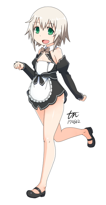 1girl, :d, alternate_costume, apron, bangs, bare_legs, black_dress, blonde_hair, blush, bow, bowtie, brown_bow, brown_bowtie, commentary_request, cosplay, dated, detached_sleeves, dream_c_club, dress, enmaided, flat_chest, full_body, green_eyes, kadokawa_shoten, kantai_collection, long_sleeves, looking_at_viewer, maid, mary_janes, no_legwear, no_socks, one_leg_raised, open_mouth, paw_pose, running, shimushu_(kantai_collection), shiny, shiny_skin, shoes, short_dress, signature, simple_background, smile, solo, tareme, tun, white_apron, white_background, wing_collar
