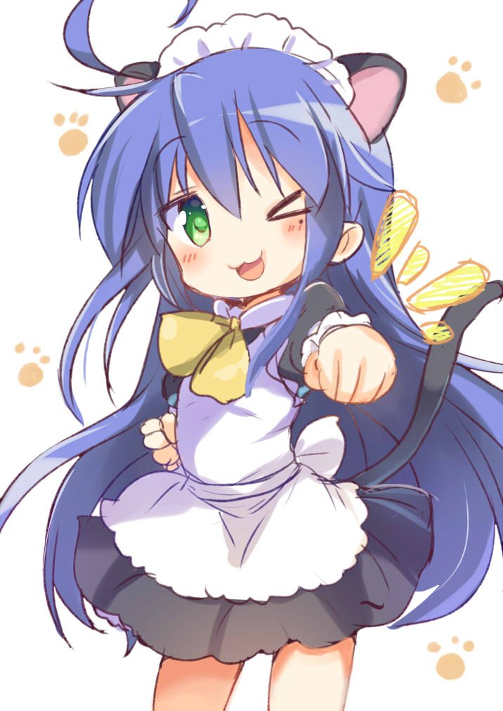 1girl, :3, ahoge, animal_ears, blue_hair, cat_ears, cat_tail, clenched_hand, commentary, green_eyes, izumi_konata, long_hair, lucky_star, maid, mole, mole_under_eye, one_eye_closed, punching, punching_at_viewer, solo, tail, tatsunokosso, white_background