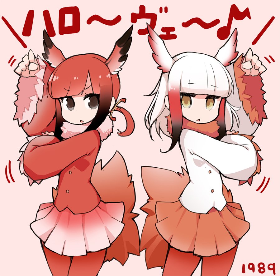 1989, 2girls, bangs, bird_tail, black_hair, blunt_bangs, brown_eyes, commentary_request