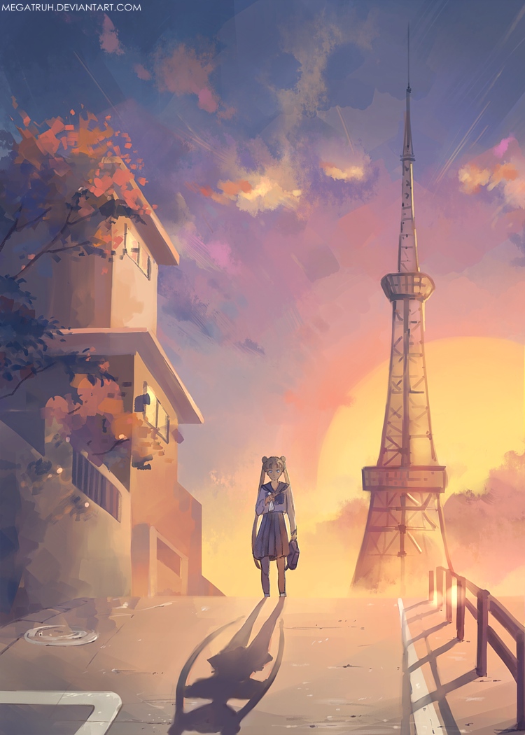 1girl, artist_name, bag, bishoujo_senshi_sailor_moon, blonde_hair, blue_skirt, building, deviantart_username