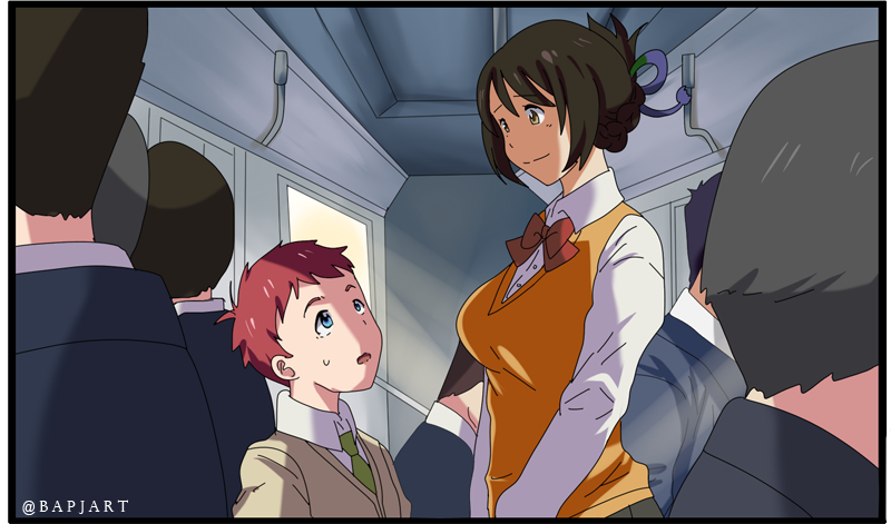 1girl, 6+boys, alternate_costume, bad_id, beta_(joutarou), black_hair, blue_eyes, blue_ribbon