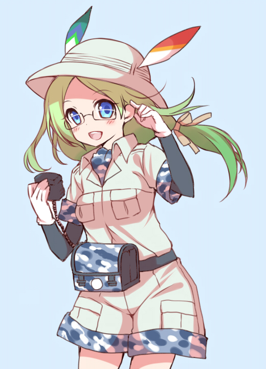 1girl, black-framed_eyewear, blue_background, blue_eyes, blush, breast_pocket, bucket_hat, camouflage