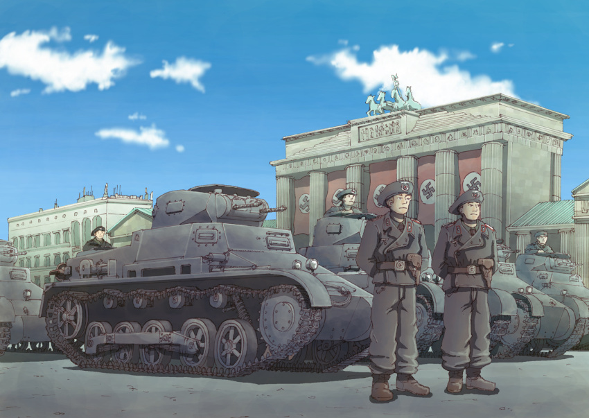 5boys, building, clouds, day, earasensha, ground_vehicle, military, military_vehicle