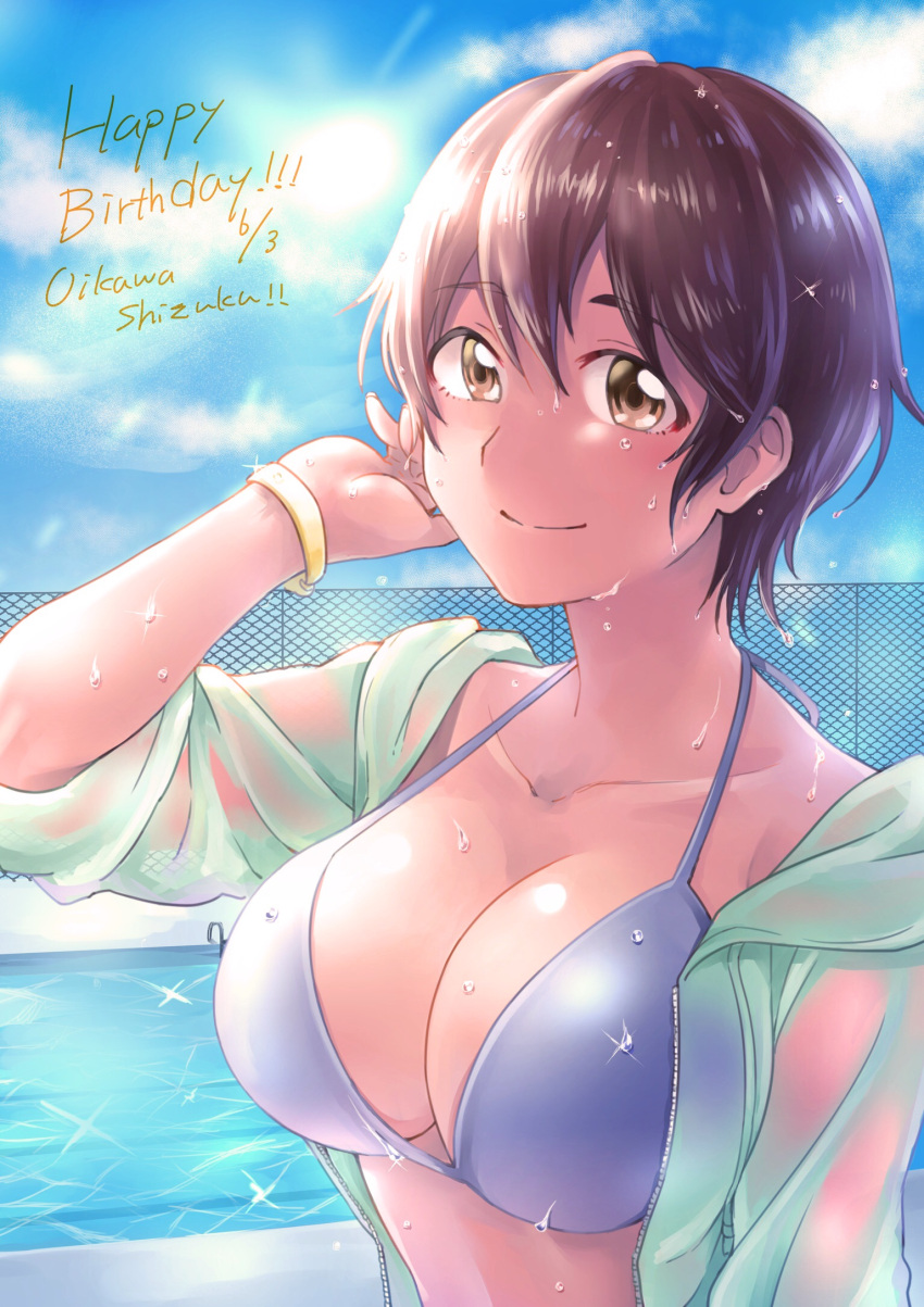 1girl, bikini_top, blush, breasts, brown_hair, character_name, commentary_request, dated