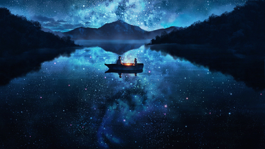 1boy, 1girl, blue, boat, dark, from_behind, lake, lantern