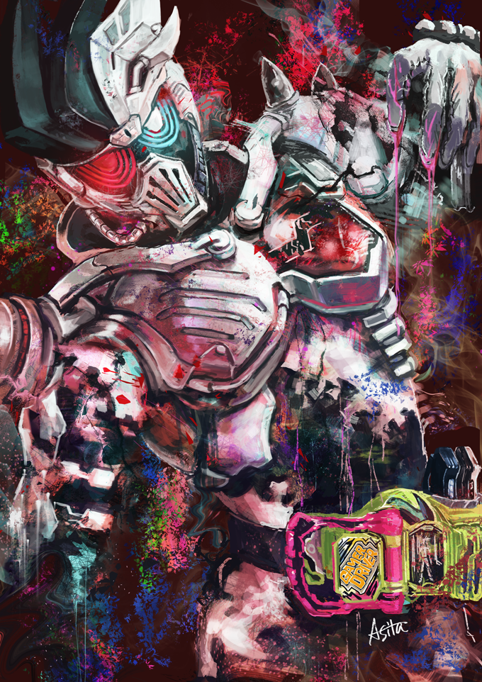 1boy, armor, artist_name, ashita_(llasitall), commentary, dangerous_zombie_level_x, helmet, kamen_rider