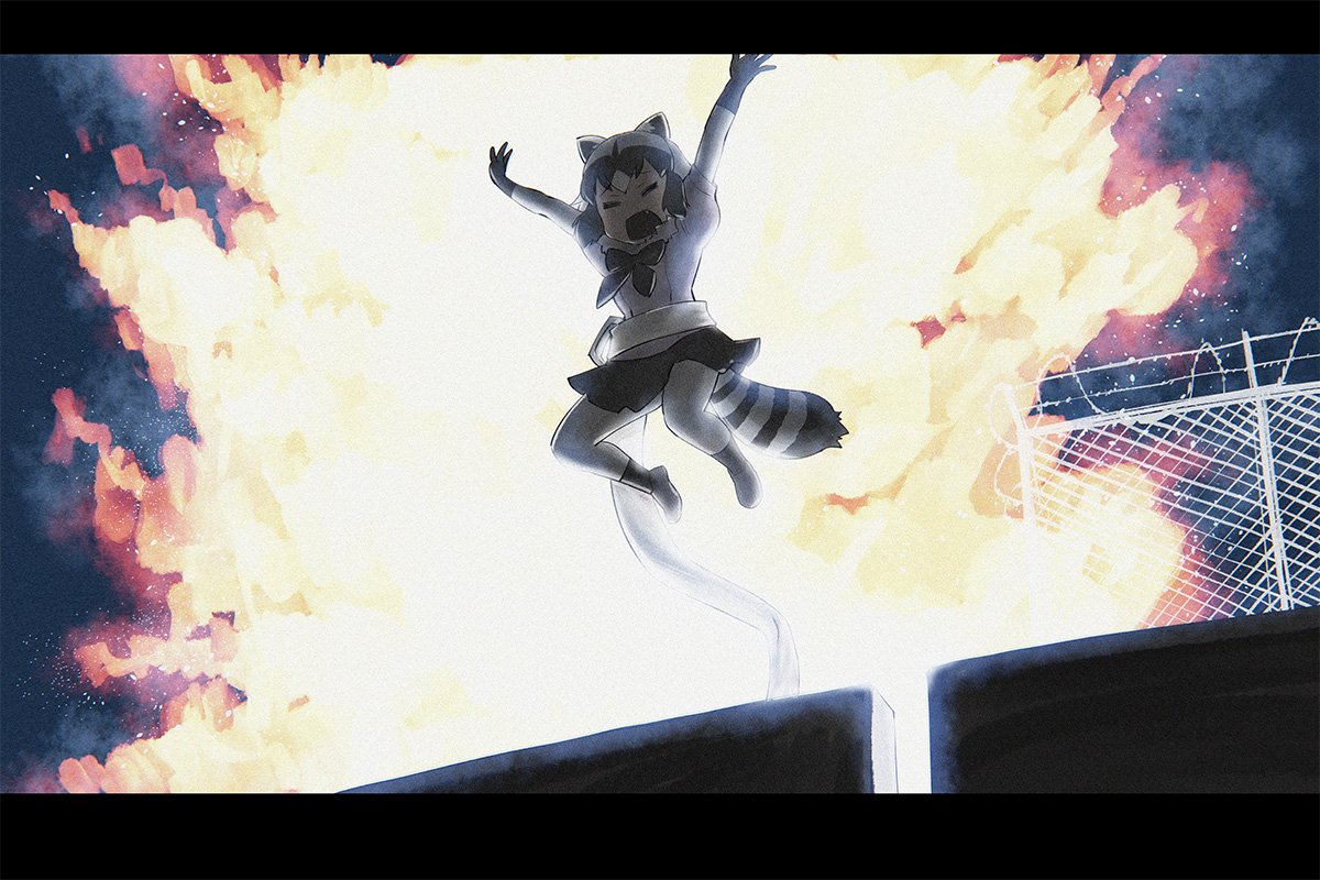 1girl, animal_ears, arms_up, black_hair, commentary, common_raccoon_(kemono_friends), die_hard, explosion