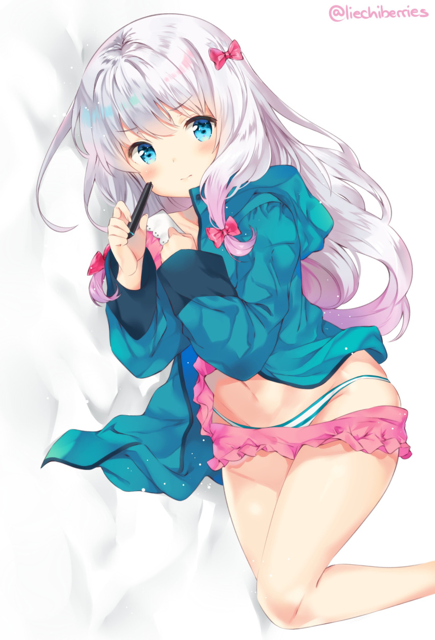 1girl, absurdres, blue_eyes, blush, eromanga_sensei, highres, izumi_sagiri, liechi