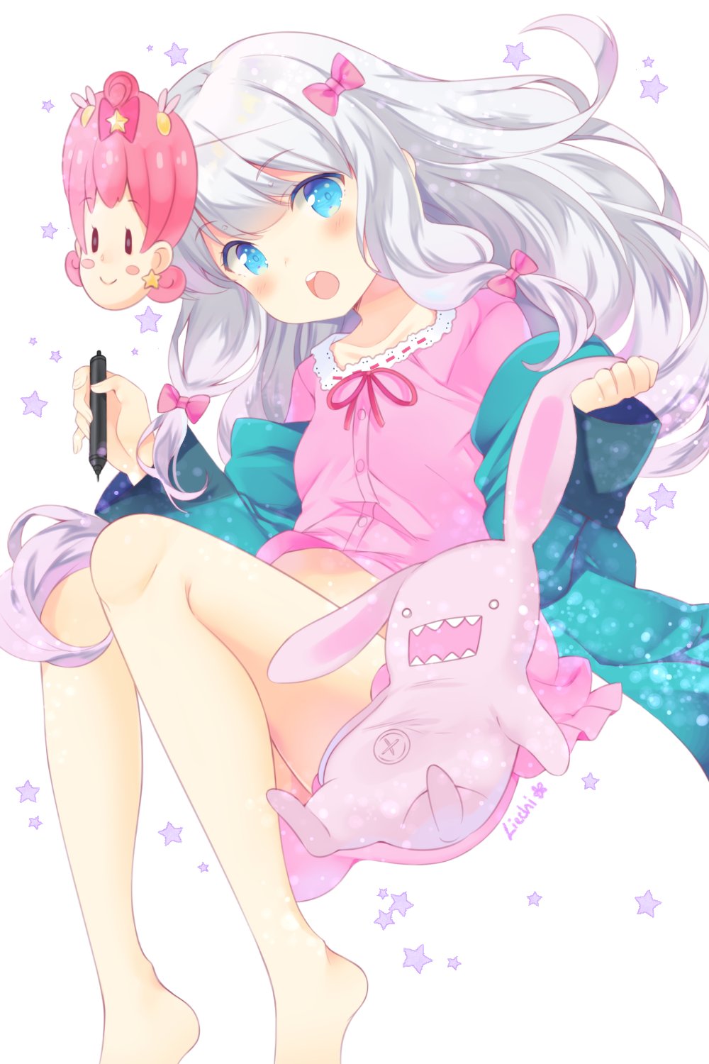 1girl, blue_eyes, blush, bow, eromanga_sensei, hair_bow, highres, izumi_sagiri