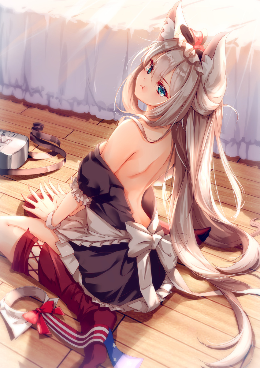 1girl, :t, angry, animal_ears, apron, arched_back, armband, back