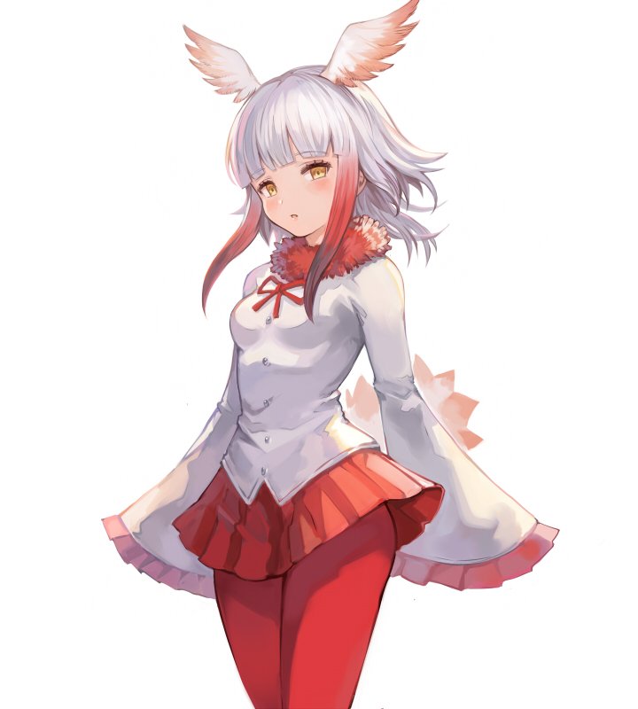 1girl, arms_at_sides, bangs, bird_tail, blunt_bangs, breasts, buttons, collar