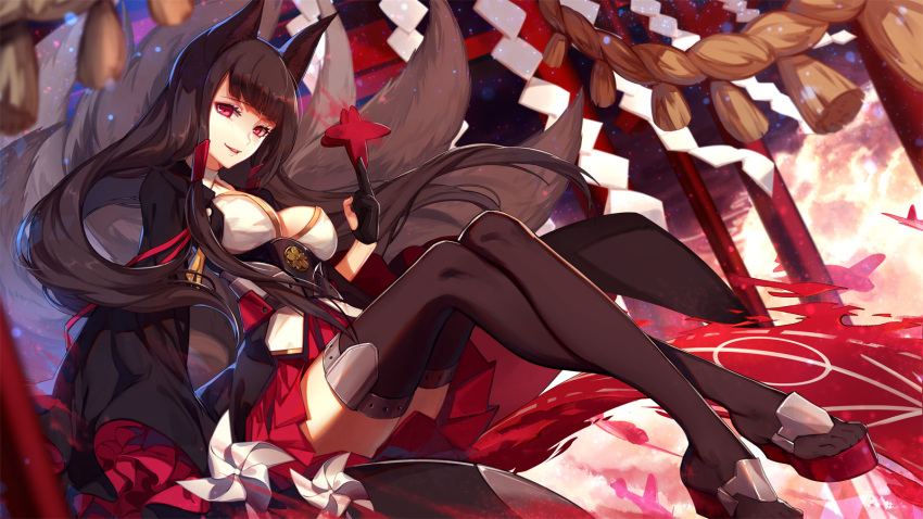1girl, akagi_(bilan_hangxian), animal_ears, bilan_hangxian, black_hair, breasts, cleavage, dress, fingerless_gloves, fox_ears, fox_tail, gloves, highres, long_hair, looking_at_viewer, multiple_tails, onbashira, red_eyes, sitting, skade, skirt, smile, tail, thigh-highs