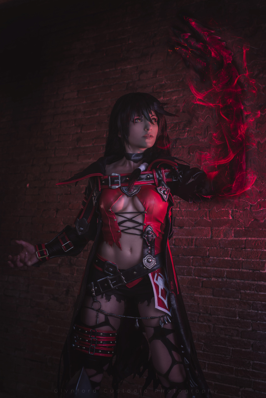 1girl, absurdres, arm_guards, arm_up, belt, belt_buckle, black_choker, black_hair