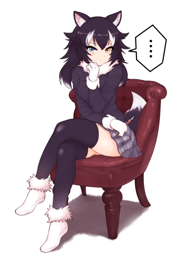 ..., animal_ears, black_hair, blue_eyes, blush, breasts, chair, commentary_request, full_body, fur_collar, gloves, grey_wolf_(kemono_friends), heterochromia, ink_pen, kemono_friends, legs_crossed, long_hair, medium_breasts, multicolored_hair, simple_background, sitting, skirt, spoken_ellipsis, tail, thigh-highs, two-tone_hair, white_background, white_hair, wolf_ears, wolf_tail, yajirushi_kaku, yellow_eyes, zettai_ryouiki
