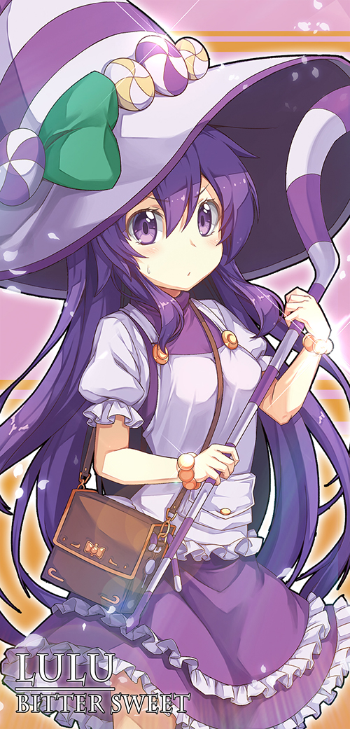 1girl, apron, bag, bittersweet_lulu, blush, candy, character_name, dress