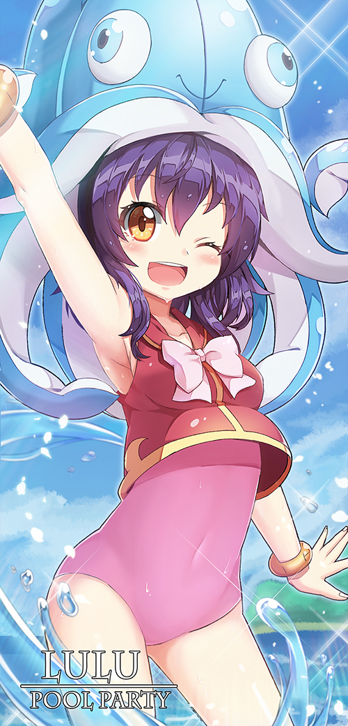 1girl, ;d, arm_up, armpits, blush, bow, bowtie, breasts
