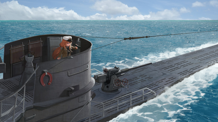 1girl, binoculars, blue_eyes, blue_skirt, brown_hair, clouds, deck_gun, highres, jacket, life_preserver, long_hair, military, nanaya777, ocean, original, ponytail, railing, skirt, solo, strap, submarine, water, watercraft