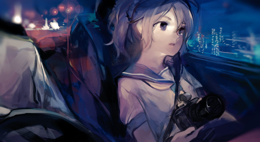 1girl, admiral_(kantai_collection), aika_warazu, aoba_(kantai_collection), blue_eyes, camera, car_interior, grey_hair