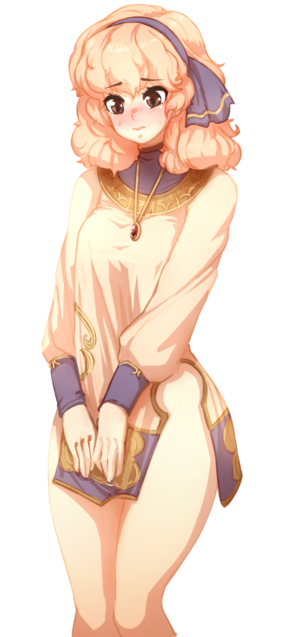 1girl, barbariank, blonde_hair, brown_eyes, covering, covering_crotch, embarrassed, eyebrows_visible_through_hair