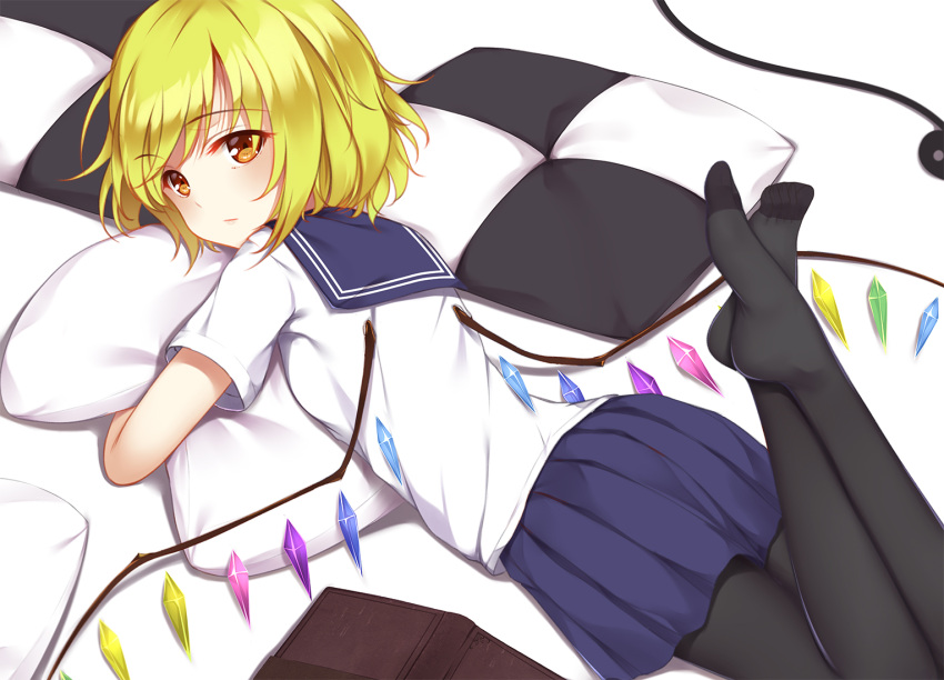 1girl, :/, black_legwear, blonde_hair, blue_skirt, checkered_pillow, eyebrows_visible_through_hair, feet_up