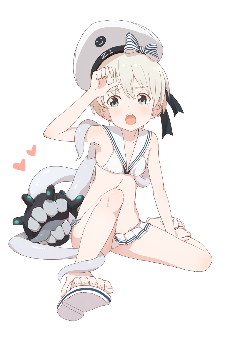 1girl, bikini, blonde_hair, blue_eyes, clothes_writing, coupon_(skyth), enemy_naval_mine_(kantai_collection), feet