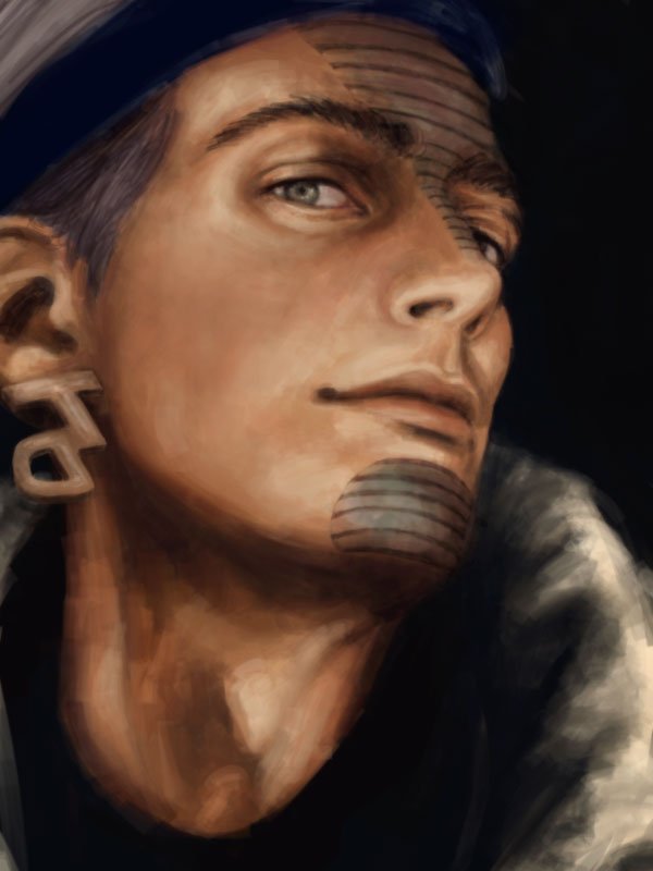 1boy, adam's_apple, aqua_eyes, earrings, face, facial_mark, headband, jewelry