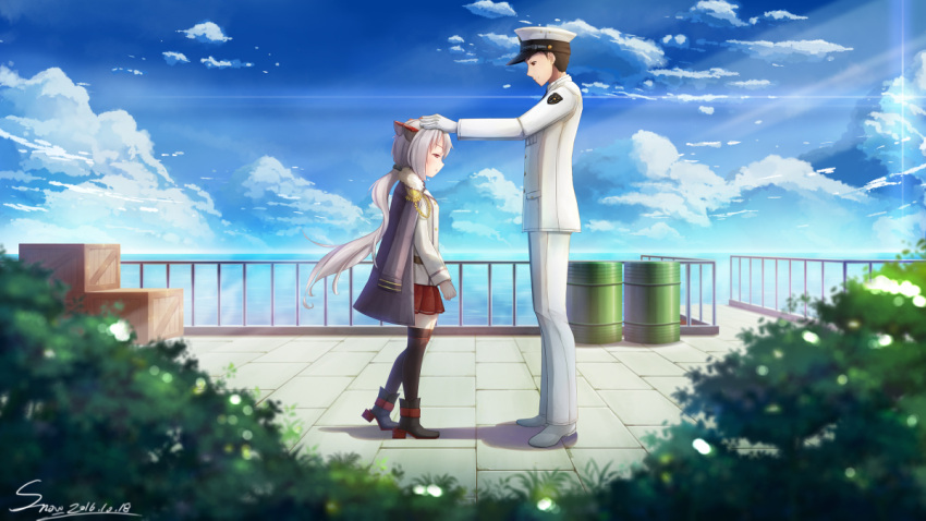 admiral_(zhan_jian_shao_nyu), black_legwear, black_shoes, blue_sky, bush, clouds, dated, drum_(container)