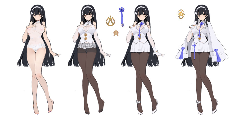 1girl, august1st, bare_shoulders, barefoot, black_hair, black_legwear, breasts, cleavage, full_body, girls_frontline, gloves, gusset, hairband, highres, kishiyo, large_breasts, long_hair, looking_at_viewer, looking_away, panties, panties_under_pantyhose, pantyhose, qbz-95_(girls_frontline), revision, see-through, simple_background, solo, underwear, variations, white_background, white_gloves, white_hairband