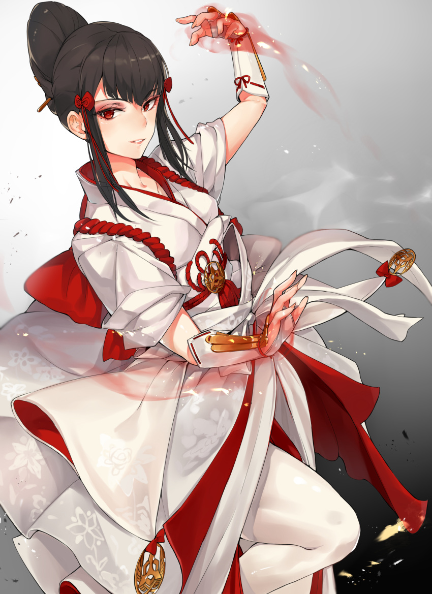 1girl, absurdres, black_hair, hair_ornament, highres, japanese_clothes, looking_at_viewer, martial_arts