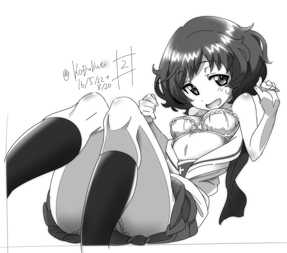 1girl, akiyama_yukari, arms_up, bra, breasts, dated, girls_und_panzer, kneehighs, kozu_kue, lace, lace-trimmed_bra, lace-trimmed_panties, legs, looking_at_viewer, lying, messy_hair, monochrome, navel, ooarai_school_uniform, open_clothes, panties, pantyshot, pantyshot_(lying), raised_eyebrows, school_uniform, serafuku, shiny, shiny_skin, short_hair, small_breasts, solo, thighs, twitter_username, underwear