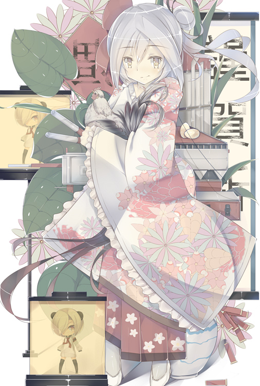 1girl, bird, cannon, cer_(cerber), chicken, chinese, chinese_new_year, dress