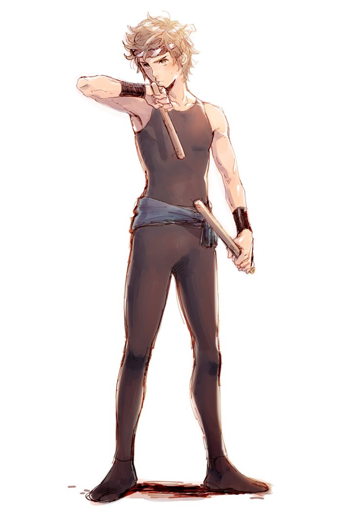 1boy, arm_guards, black_pants, brown_hair, drum_master_(granblue_fantasy), drumsticks, full_body, gran_(granblue_fantasy)