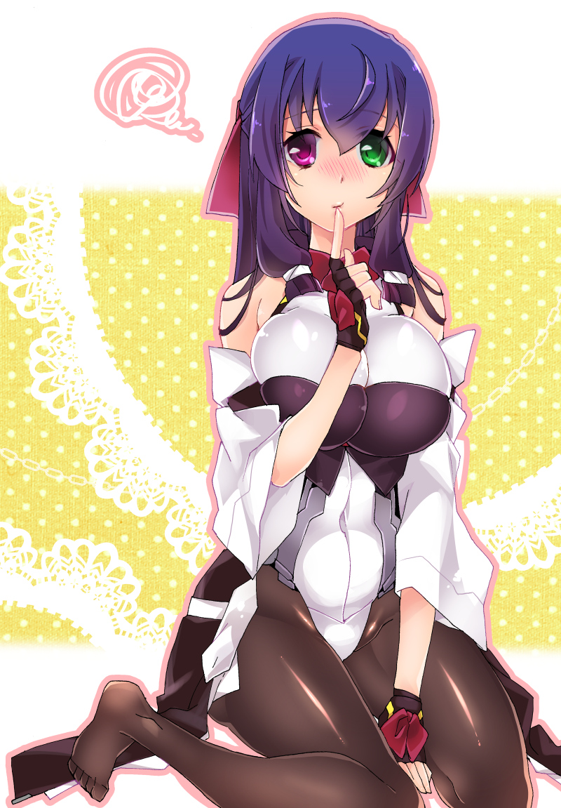 1girl, asama_tomo, black_legwear, bodysuit, breasts, fingerless_gloves, gloves, green_eyes