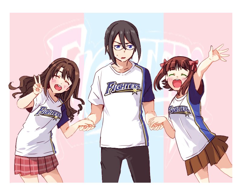 1boy, 2girls, amami_haruka, black_hair, blue_eyes, brown_hair, closed_eyes, glasses