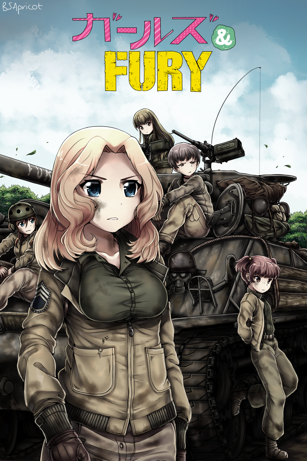 5girls, alisa_(girls_und_panzer), blonde_hair, blue_eyes, boots, brown_eyes, brown_hair, cable