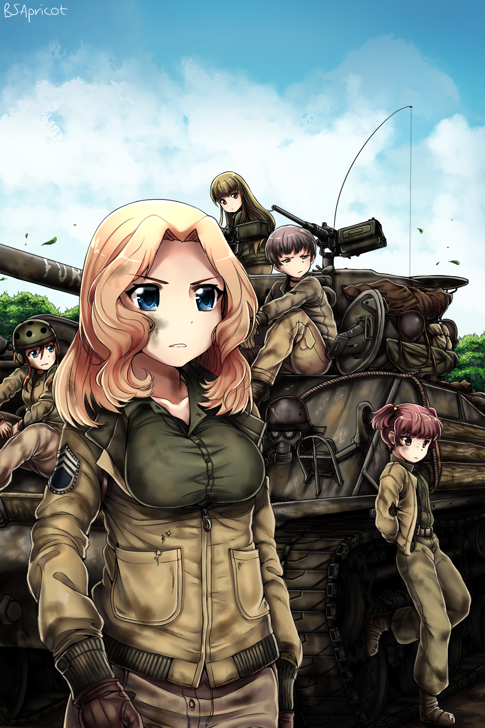 4girls, alisa_(girls_und_panzer), blonde_hair, blue_eyes, boots, brown_eyes, brown_hair, cable