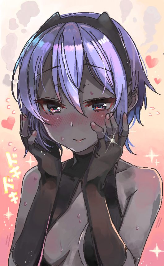 1girl, assassin_(fate/prototype_fragments), bare_shoulders, black_gloves, blush, breasts, dark_skin, fate/prototype