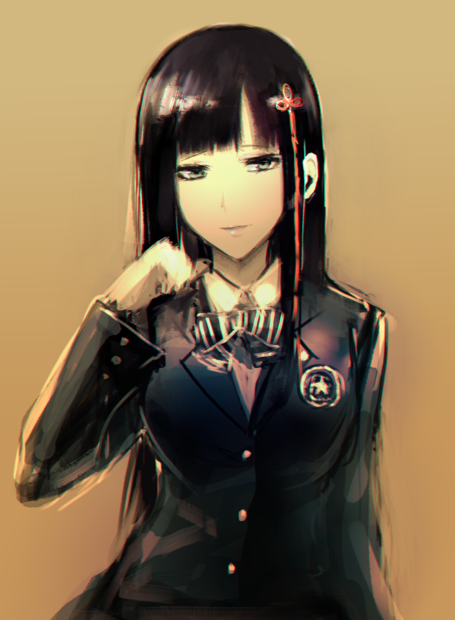 1girl, black_hair, hair_ornament, long_hair, mozuyun, persona, persona_5, school_uniform