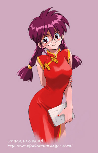 braid, brown_eyes, china_dress, chinadress, chinese_clothes, freckles, purple_hair, ri_kohran