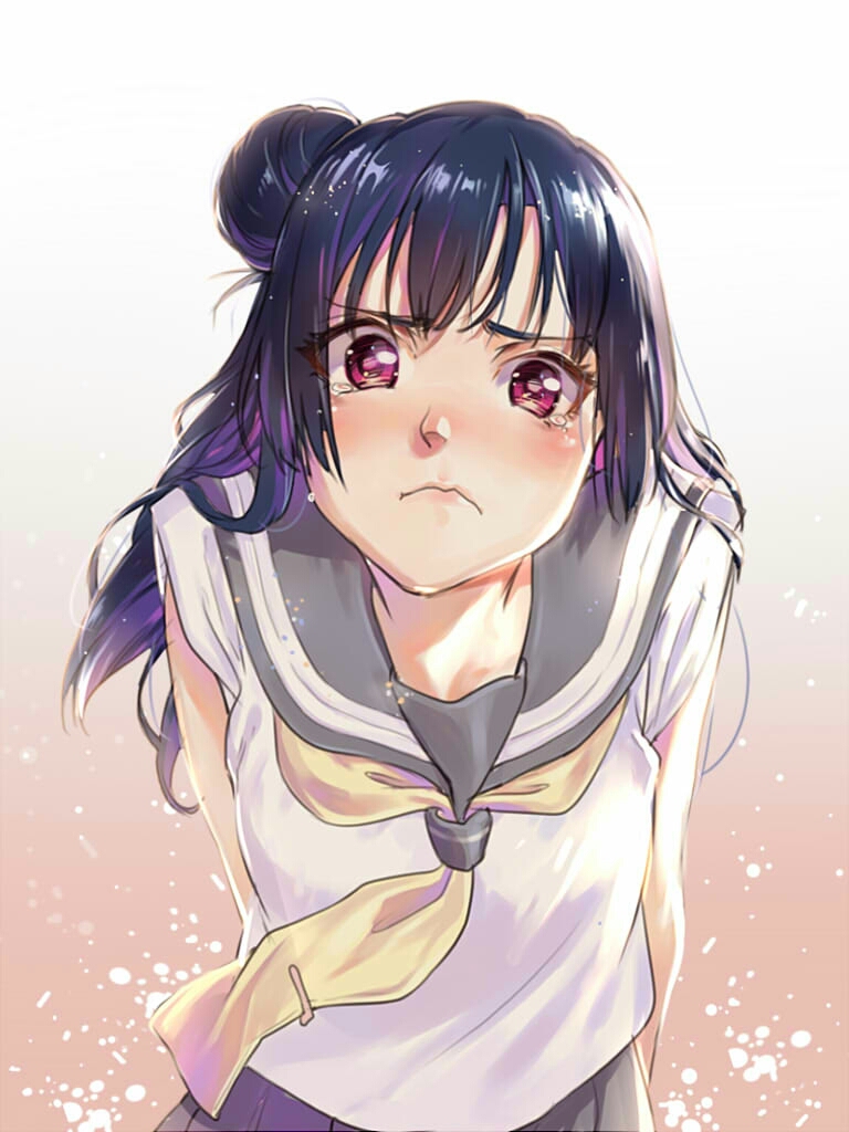 1girl, arms_behind_back, bangs, black_hair, blush, commentary_request, etm_(75220988), frown
