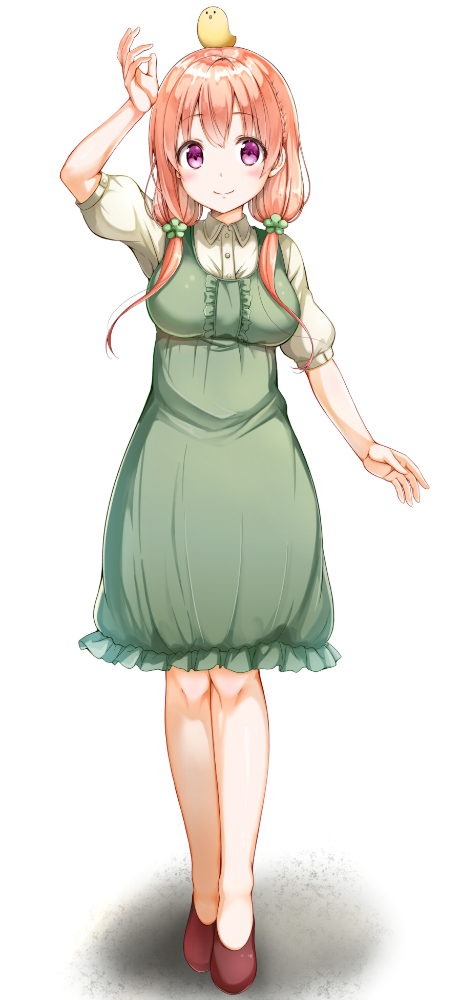 1girl, arm_up, bangs, blush, braid, brown_shoes, chick_on_head, closed_mouth