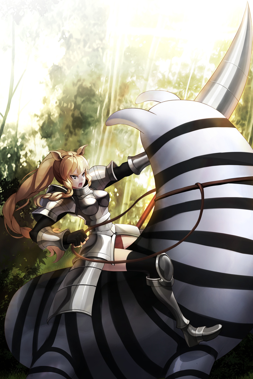1girl, animal_ears, armor, armored_boots, armored_dress, black_gloves, blonde_hair, boots