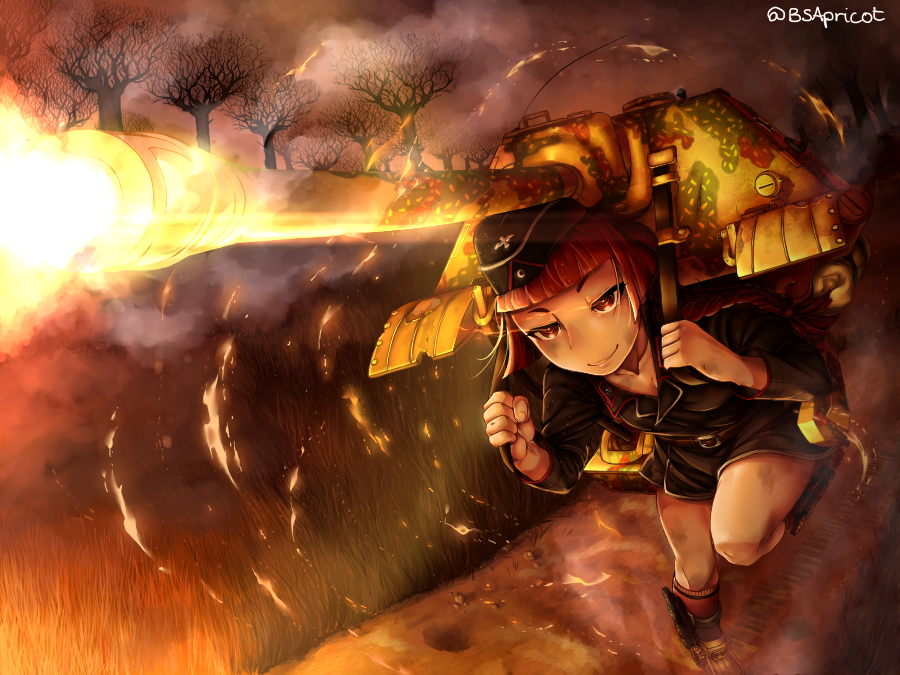 1girl, bangs, blunt_bangs, danielle_brindle, fire, flame, ground_vehicle, jagdpanther