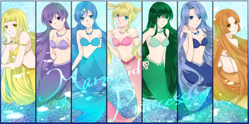blonde_hair, blue_bra, blue_eyes, blue_hair, bra, caren_(mermaid_melody_pichi_pichi_pitch), coco_(mermaid_melody_pichi_pichi_pitch), flower