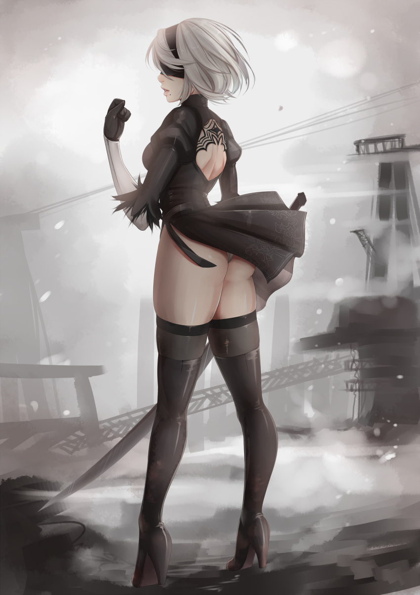 amanda_evelyn_earl, ass, back_cutout, black_dress, black_hairband, blindfold, boots, dress