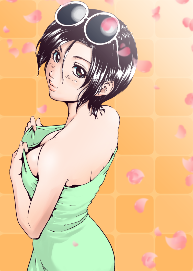 1girl, bare_shoulders, black_hair, breasts, brown_eyes, cleavage, from_behind, goggles